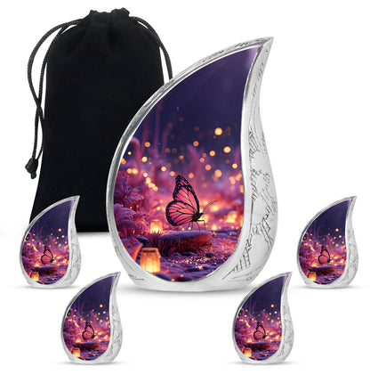 Bright Blue Butterfly Cremation Urn side profile showing urn shape - smooth teardrop contour featuring butterfly art - memorial set with one large and four small urns
