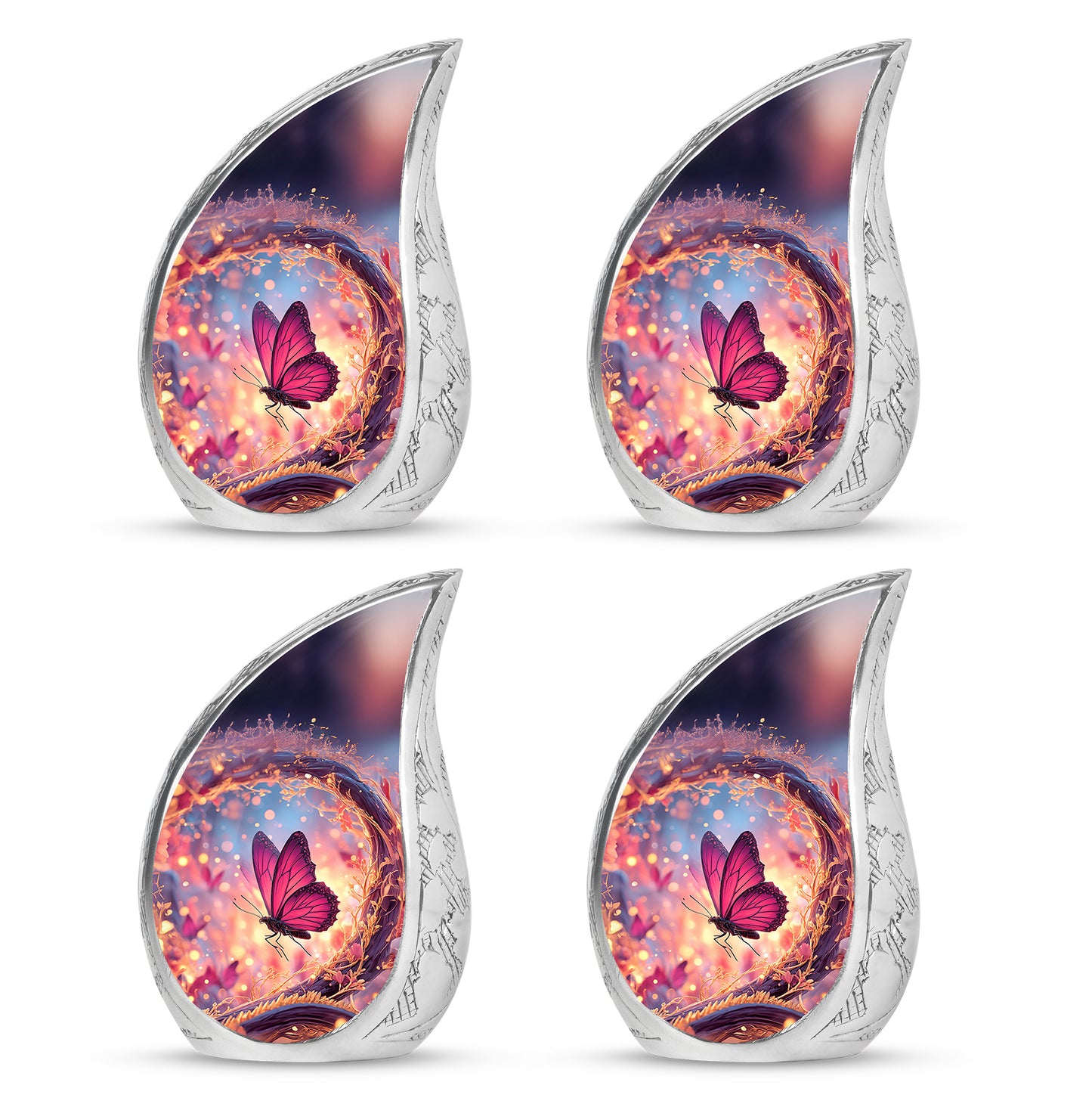 Indigo Butterfly Cremation Urn close-up of engraving and surface detail - rounded teardrop butterfly design with delicate detail - 10 inch aluminum urn for cremated remains