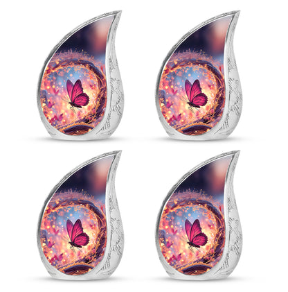 Indigo Butterfly Cremation Urn close-up of engraving and surface detail - rounded teardrop butterfly design with delicate detail - 10 inch aluminum urn for cremated remains