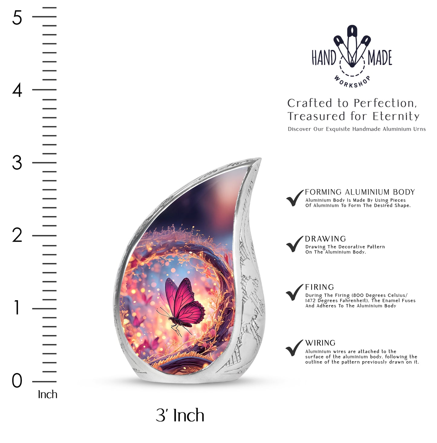 Indigo Butterfly Cremation Urn angled view of lid and engraved motif - flowing teardrop butterfly silhouette on curved aluminum - mini keepsake memorial for portion of cremation ashes