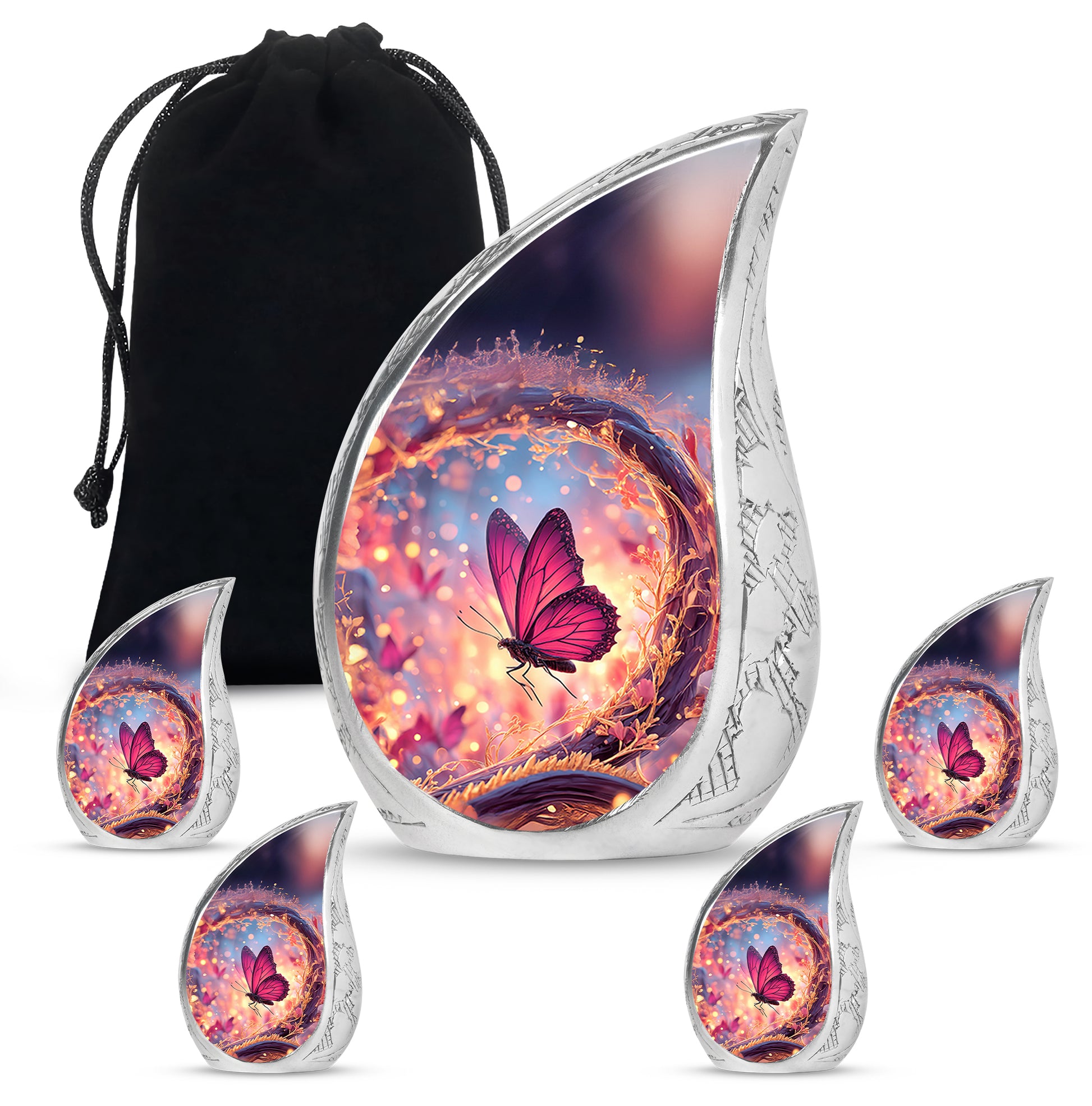 Navy Blue Butterfly Cremation Urn side profile showing urn shape - rounded teardrop butterfly design with delicate detail - memorial set with one large and four small urns