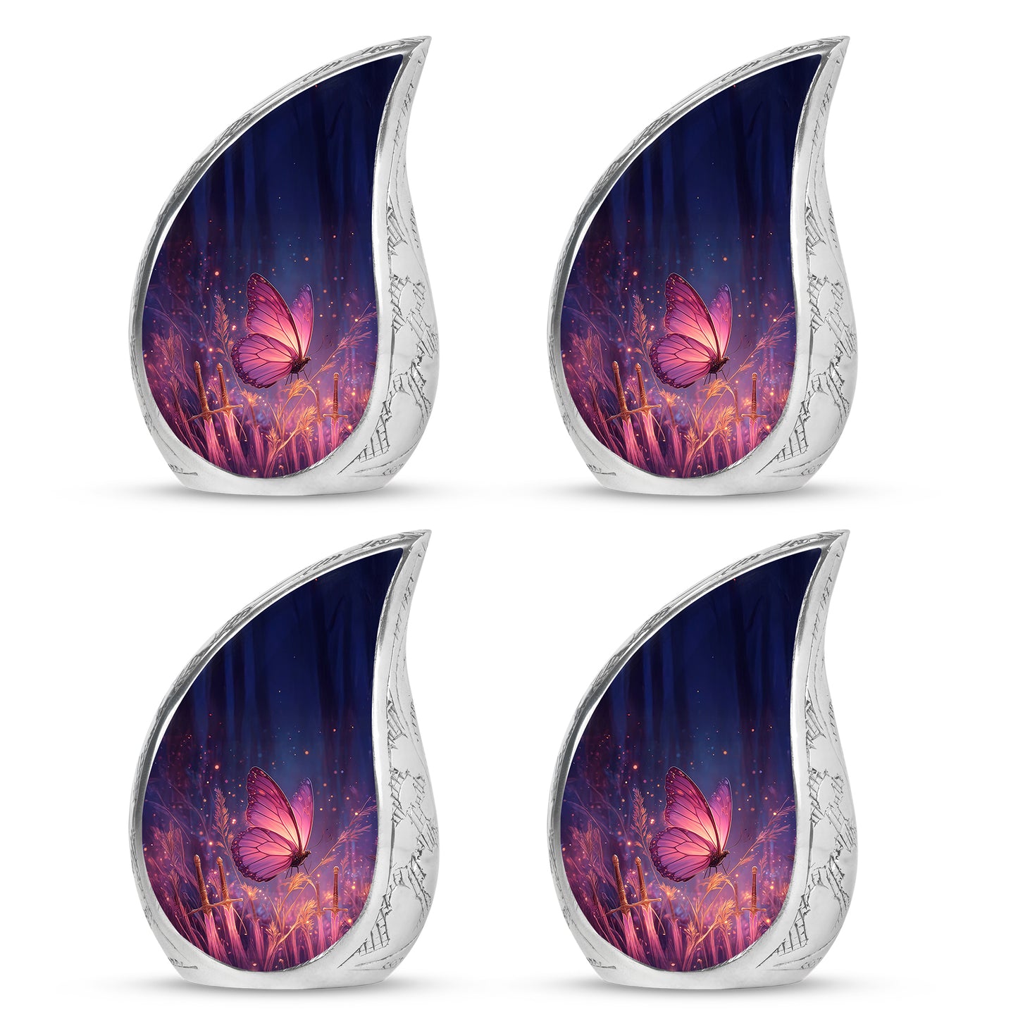 Serene Blue Butterfly Cremation Urn close-up of engraving and surface detail - smooth teardrop contour featuring butterfly art - 10 inch aluminum urn for cremated remains
