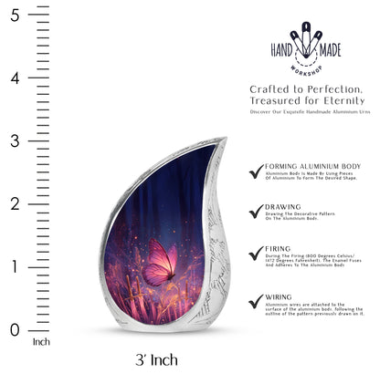 Misty Blue Butterfly Cremation Urn angled view of lid and engraved motif - flowing teardrop butterfly silhouette on curved aluminum - mini keepsake memorial for portion of cremation ashes