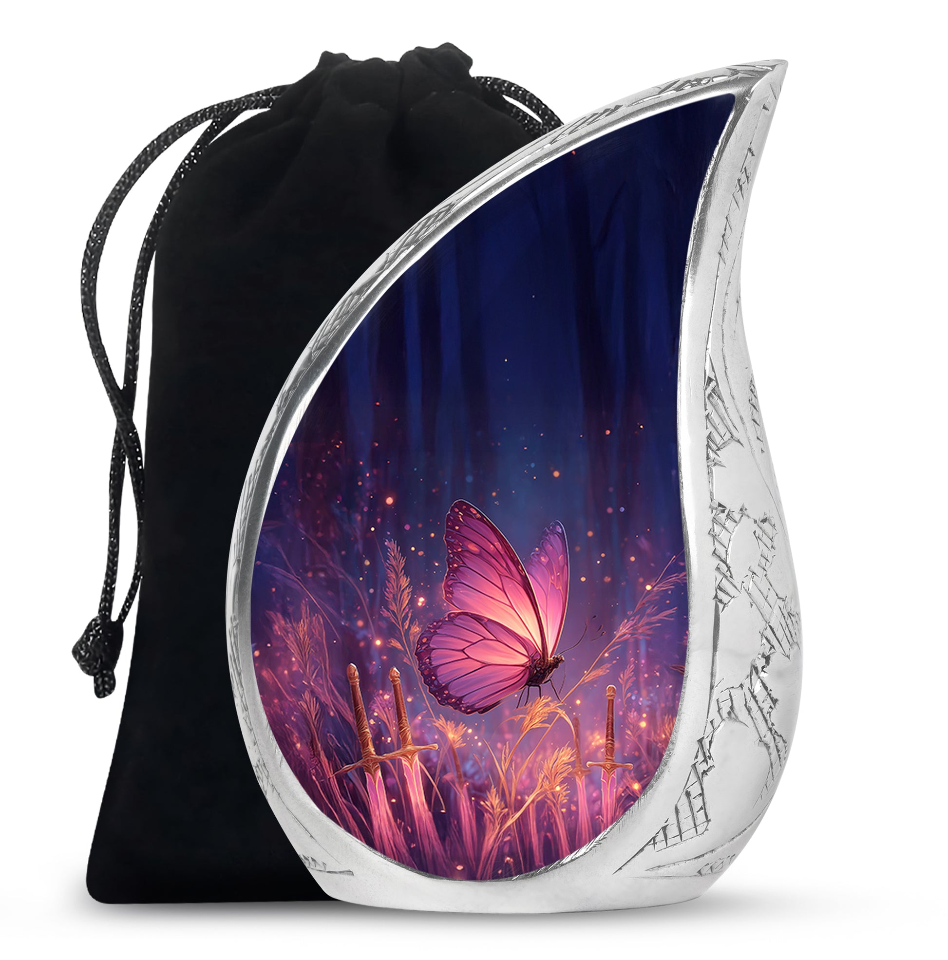 Navy Blue Butterfly Cremation Urn front view showing detailed design - flowing teardrop butterfly silhouette on curved aluminum - full-size 10 inch 200 cubic inch adult cremation urn