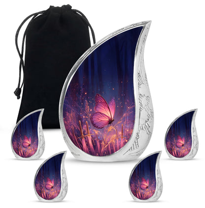 Royal Blue Butterfly Cremation Urn side profile showing urn shape - graceful tear-shaped urn with butterfly motif - memorial set with one large and four small urns