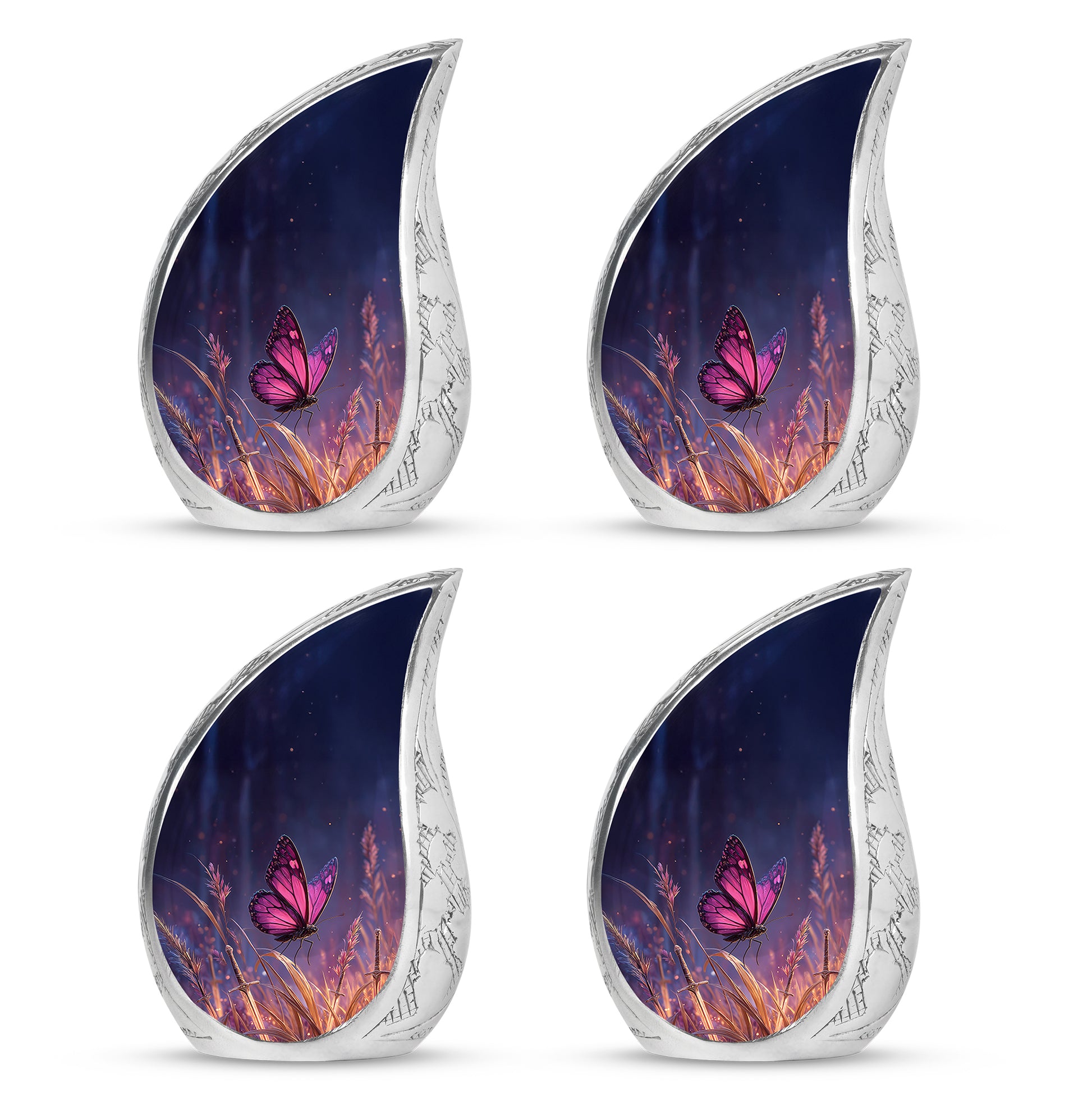 Navy Blue Butterfly Cremation Urn close-up of engraving and surface detail - flowing teardrop butterfly silhouette on curved aluminum - 10 inch aluminum urn for cremated remains