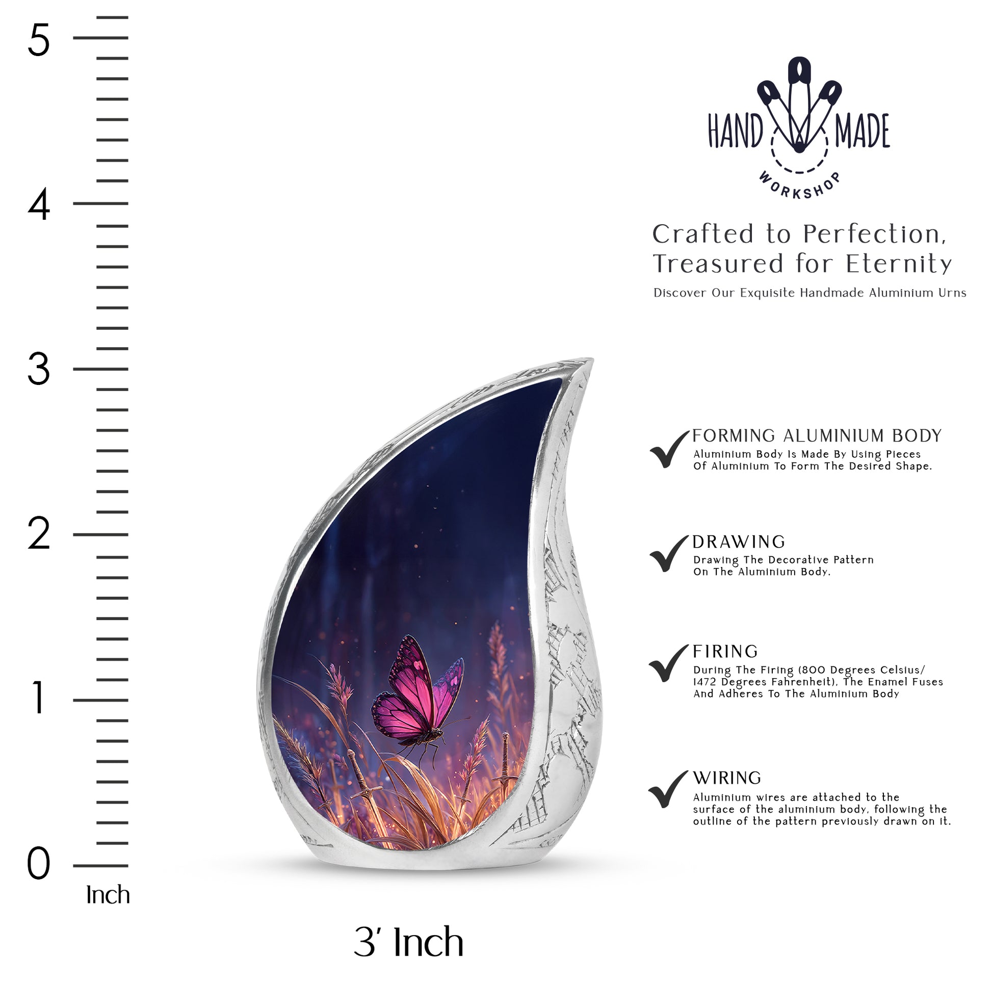 Pastel Blue Butterfly Cremation Urn angled view of lid and engraved motif - rounded teardrop butterfly design with delicate detail - mini keepsake memorial for portion of cremation ashes