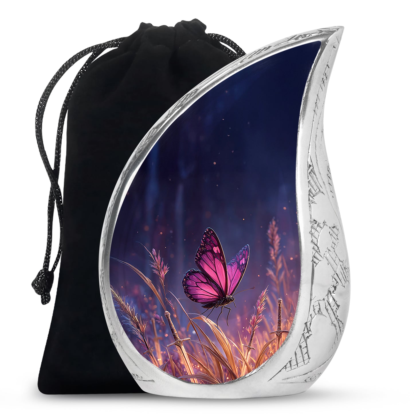 Sky Blue Butterfly Cremation Urn front view showing detailed design - flowing teardrop butterfly silhouette on curved aluminum - full-size 10 inch 200 cubic inch adult cremation urn