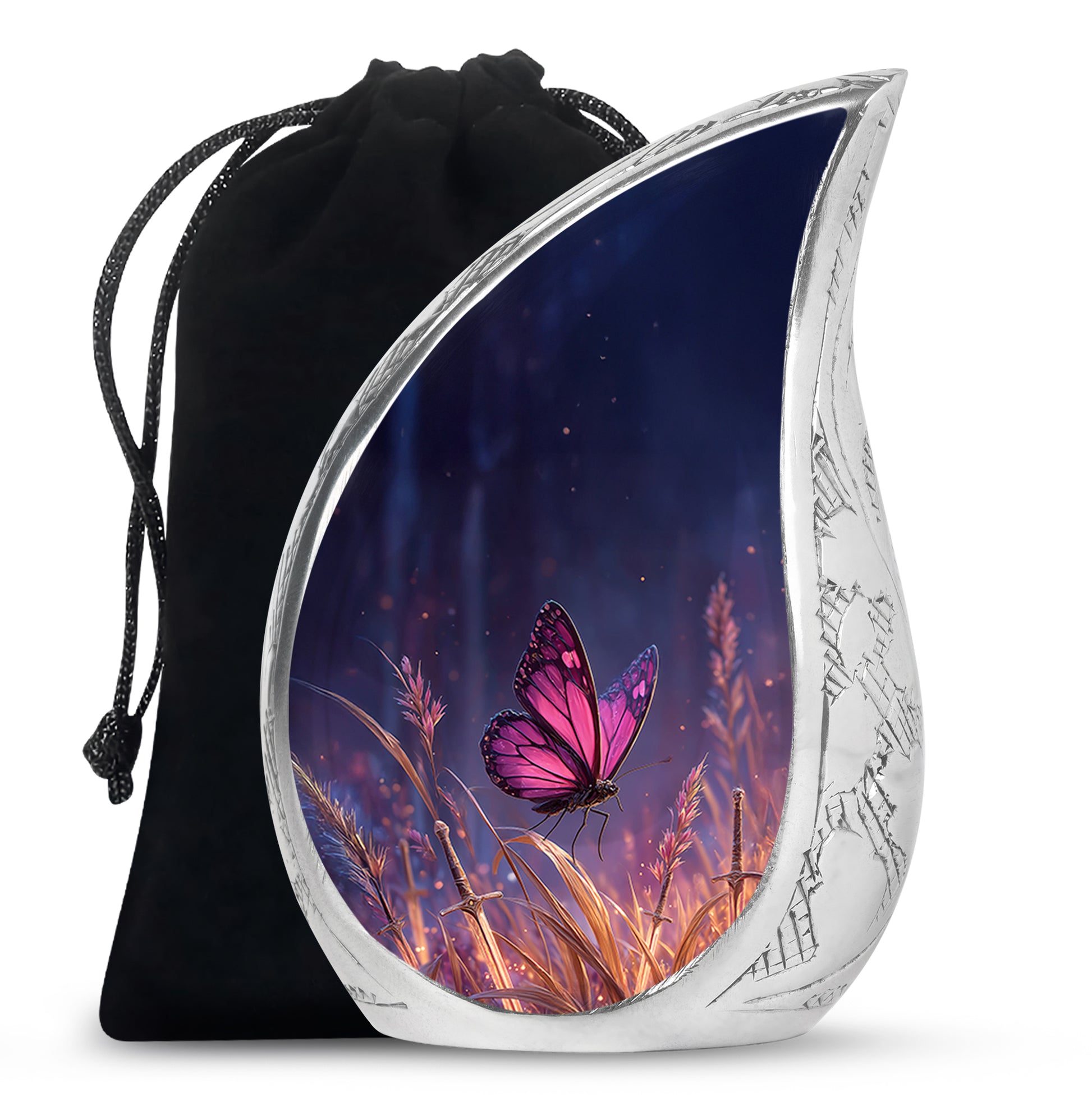 Sky Blue Butterfly Cremation Urn front view showing detailed design - flowing teardrop butterfly silhouette on curved aluminum - full-size 10 inch 200 cubic inch adult cremation urn