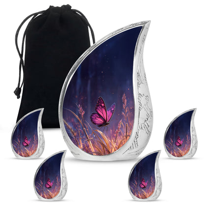 Pastel Blue Butterfly Cremation Urn side profile showing urn shape - flowing teardrop butterfly silhouette on curved aluminum - memorial set with one large and four small urns