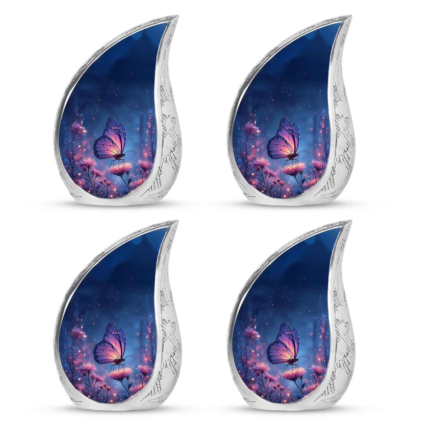 Twilight Blue Butterfly Cremation Urn close-up of engraving and surface detail - smooth teardrop contour featuring butterfly art - 10 inch aluminum urn for cremated remains