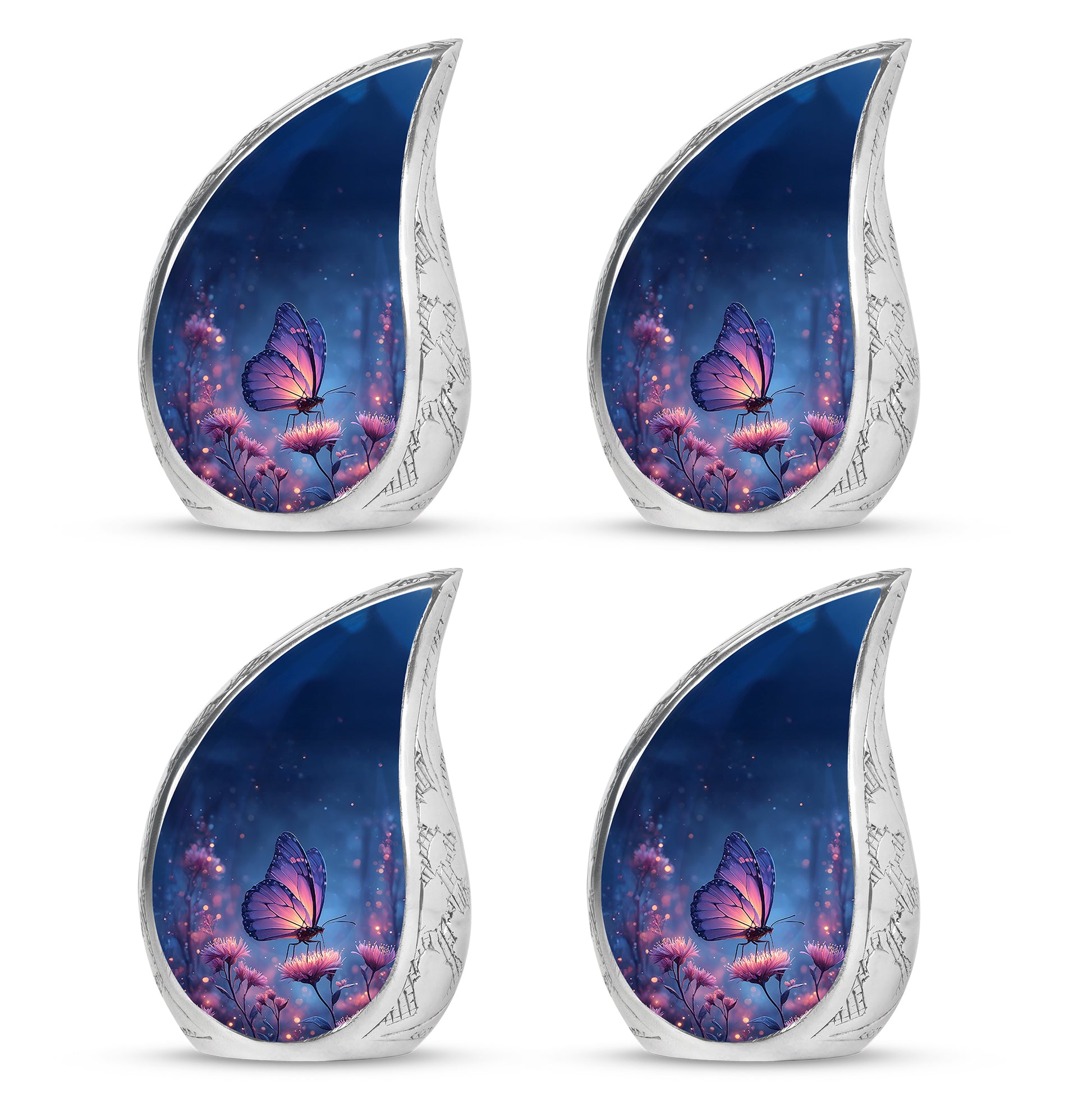 Twilight Blue Butterfly Cremation Urn close-up of engraving and surface detail - smooth teardrop contour featuring butterfly art - 10 inch aluminum urn for cremated remains
