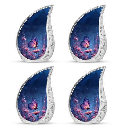 Twilight Blue Butterfly Cremation Urn close-up of engraving and surface detail - smooth teardrop contour featuring butterfly art - 10 inch aluminum urn for cremated remains