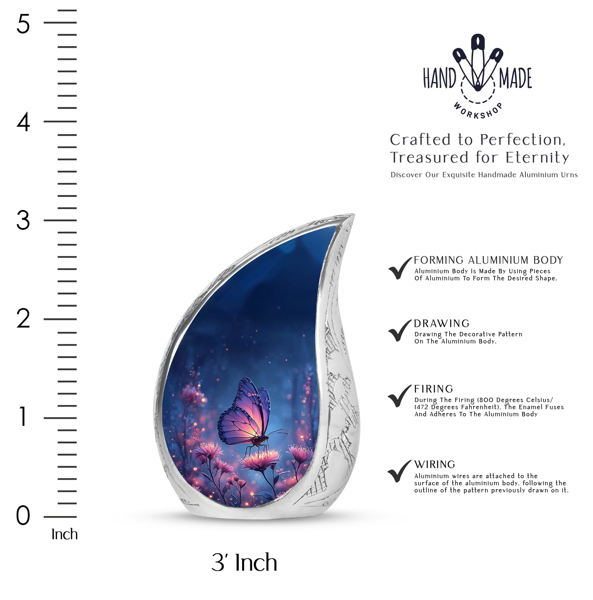 Icy Blue Butterfly Cremation Urn angled view of lid and engraved motif - flowing teardrop butterfly silhouette on curved aluminum - mini keepsake memorial for portion of cremation ashes