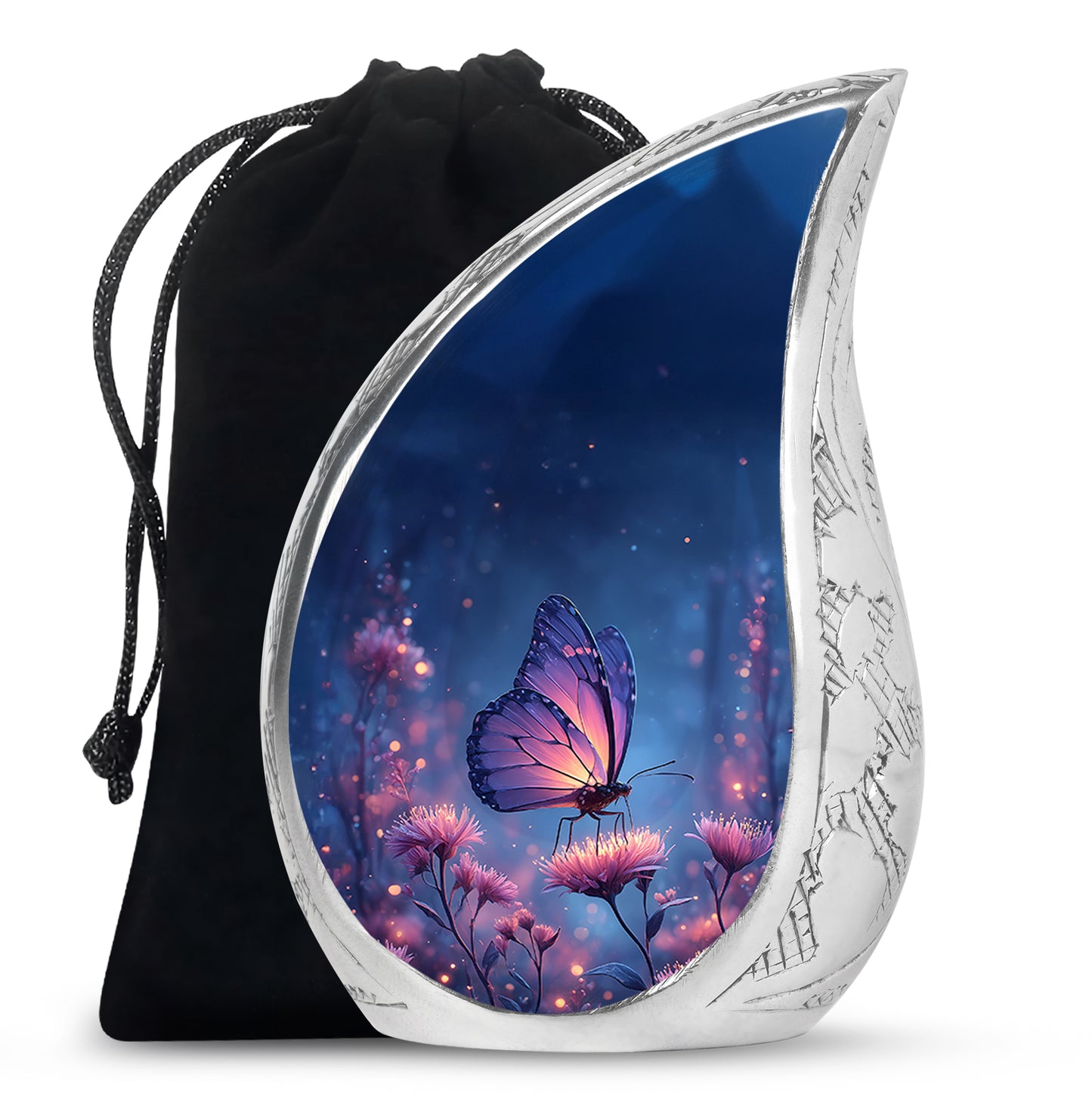 Serene Blue Butterfly Cremation Urn front view showing detailed design - smooth teardrop contour featuring butterfly art - full-size 10 inch 200 cubic inch adult cremation urn