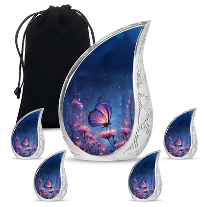 Soft Blue Butterfly Cremation Urn side profile showing urn shape - graceful tear-shaped urn with butterfly motif - memorial set with one large and four small urns