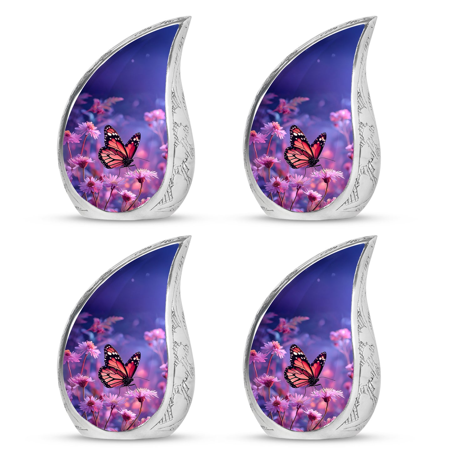 Misty Blue Butterfly Cremation Urn close-up of engraving and surface detail - rounded teardrop butterfly design with delicate detail - 10 inch aluminum urn for cremated remains