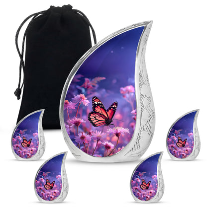 Serene Blue Butterfly Cremation Urn side profile showing urn shape - graceful tear-shaped urn with butterfly motif - memorial set with one large and four small urns