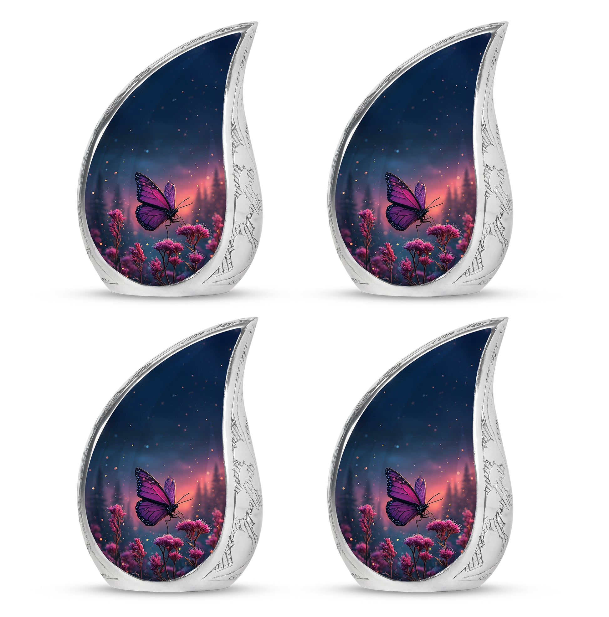 Navy Blue Butterfly Cremation Urn close-up of engraving and surface detail - rounded teardrop butterfly design with delicate detail - 10 inch aluminum urn for cremated remains