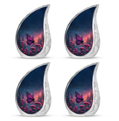 Navy Blue Butterfly Cremation Urn close-up of engraving and surface detail - rounded teardrop butterfly design with delicate detail - 10 inch aluminum urn for cremated remains