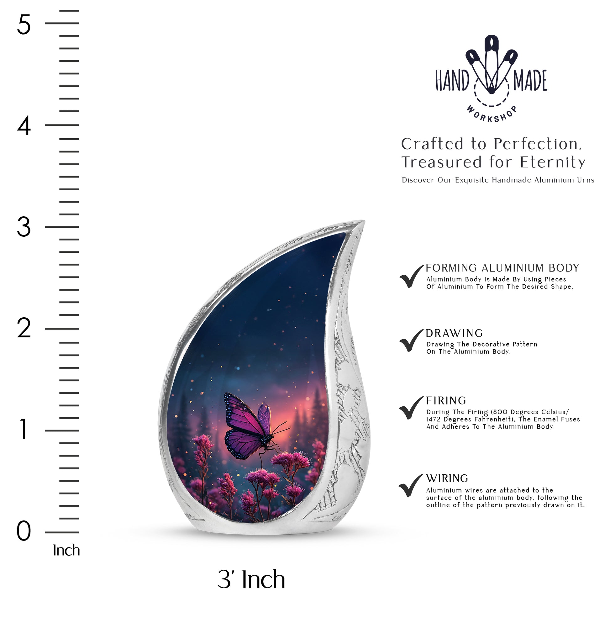 Azure Butterfly Cremation Urn angled view of lid and engraved motif - flowing teardrop butterfly silhouette on curved aluminum - mini keepsake memorial for portion of cremation ashes