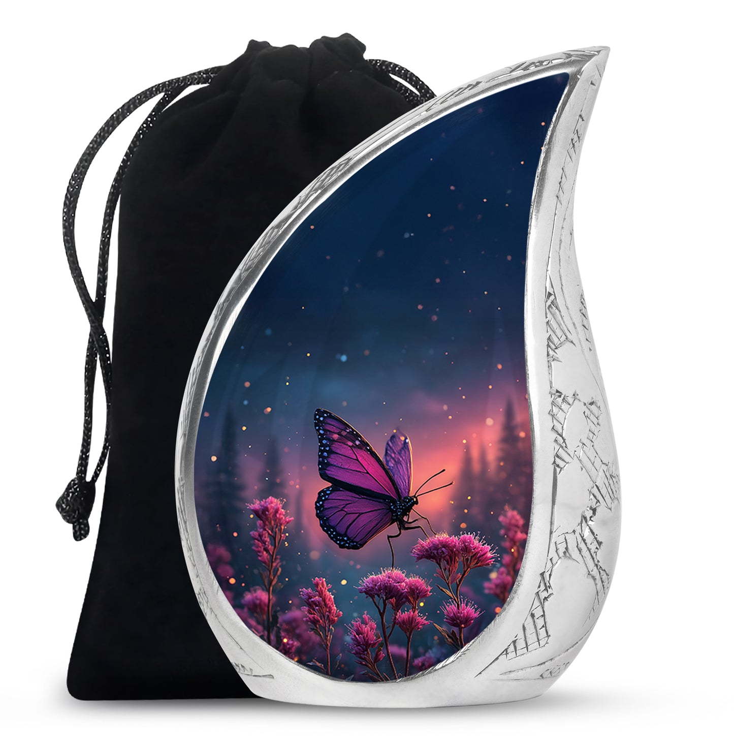 Royal Blue Butterfly Cremation Urn front view showing detailed design - graceful tear-shaped urn with butterfly motif - full-size 10 inch 200 cubic inch adult cremation urn