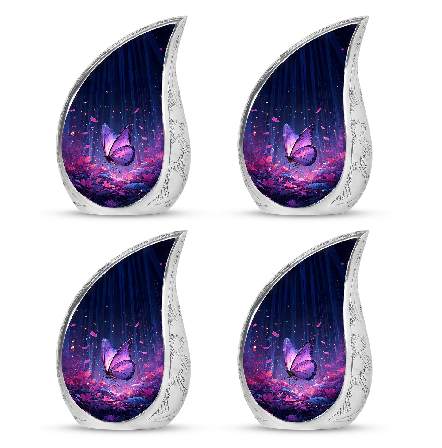 Vivid Blue Butterfly Cremation Urn close-up of engraving and surface detail - graceful tear-shaped urn with butterfly motif - 10 inch aluminum urn for cremated remains