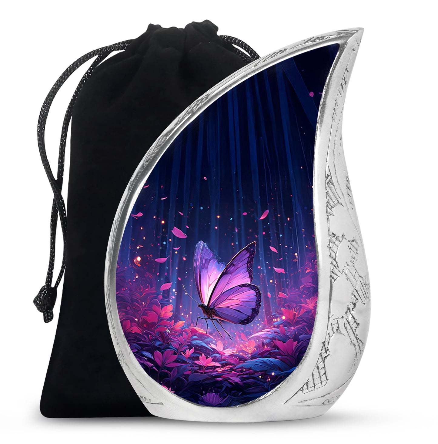 Cobalt Blue Butterfly Cremation Urn front view showing detailed design - graceful tear-shaped urn with butterfly motif - full-size 10 inch 200 cubic inch adult cremation urn