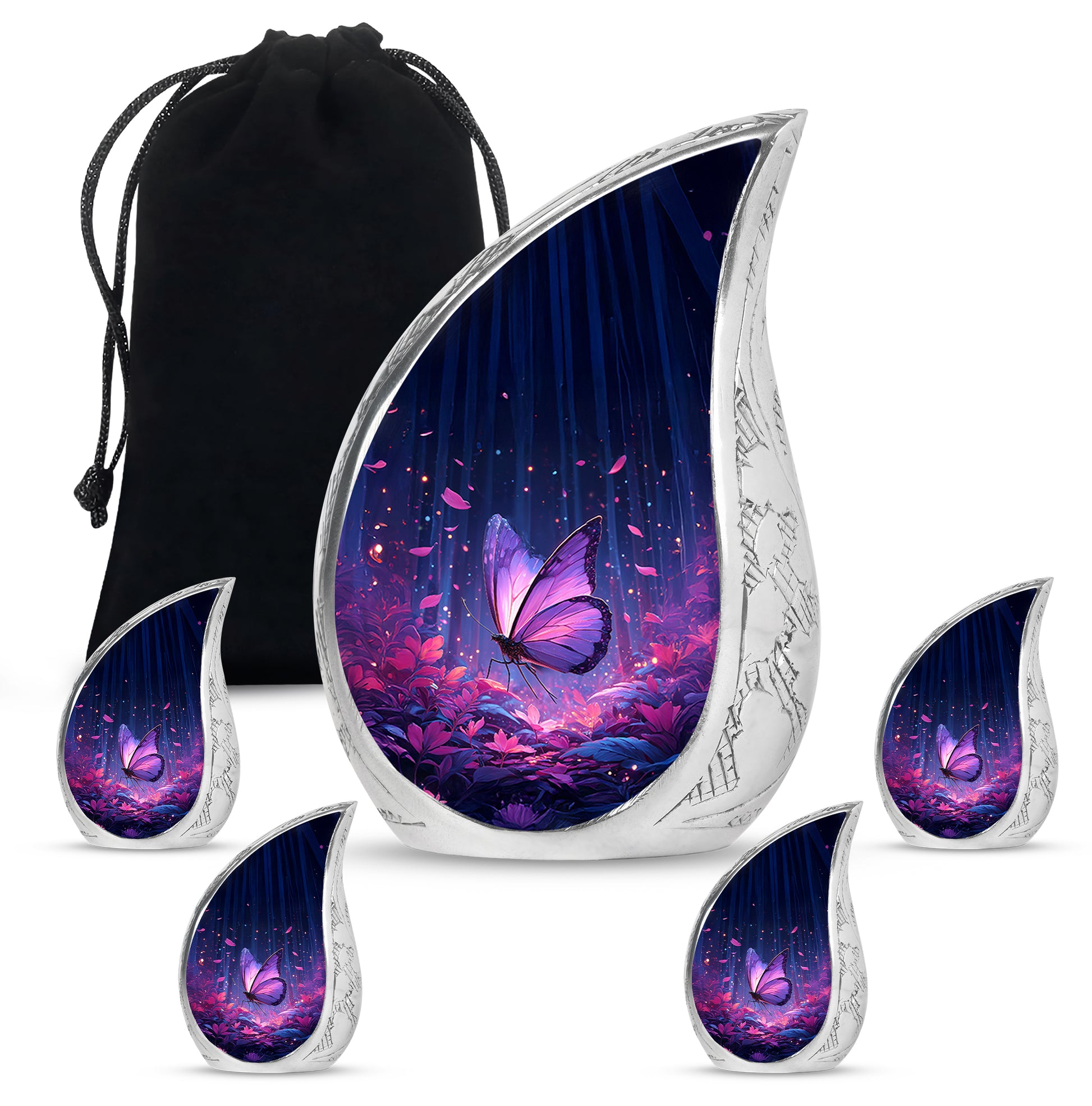Slate Blue Butterfly Cremation Urn side profile showing urn shape - flowing teardrop butterfly silhouette on curved aluminum - memorial set with one large and four small urns
