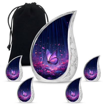 Slate Blue Butterfly Cremation Urn side profile showing urn shape - flowing teardrop butterfly silhouette on curved aluminum - memorial set with one large and four small urns