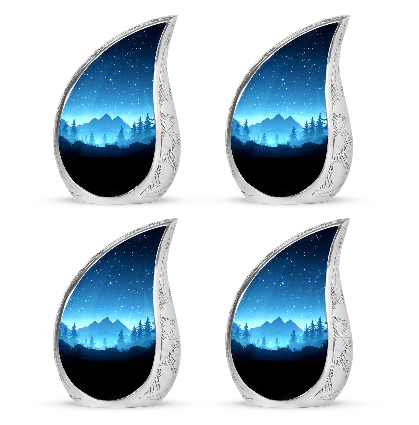 Calming Blue Blue Cremation Urn close-up of engraving and surface detail - graceful tear-shaped urn with blue motif - 10 inch aluminum urn for cremated remains