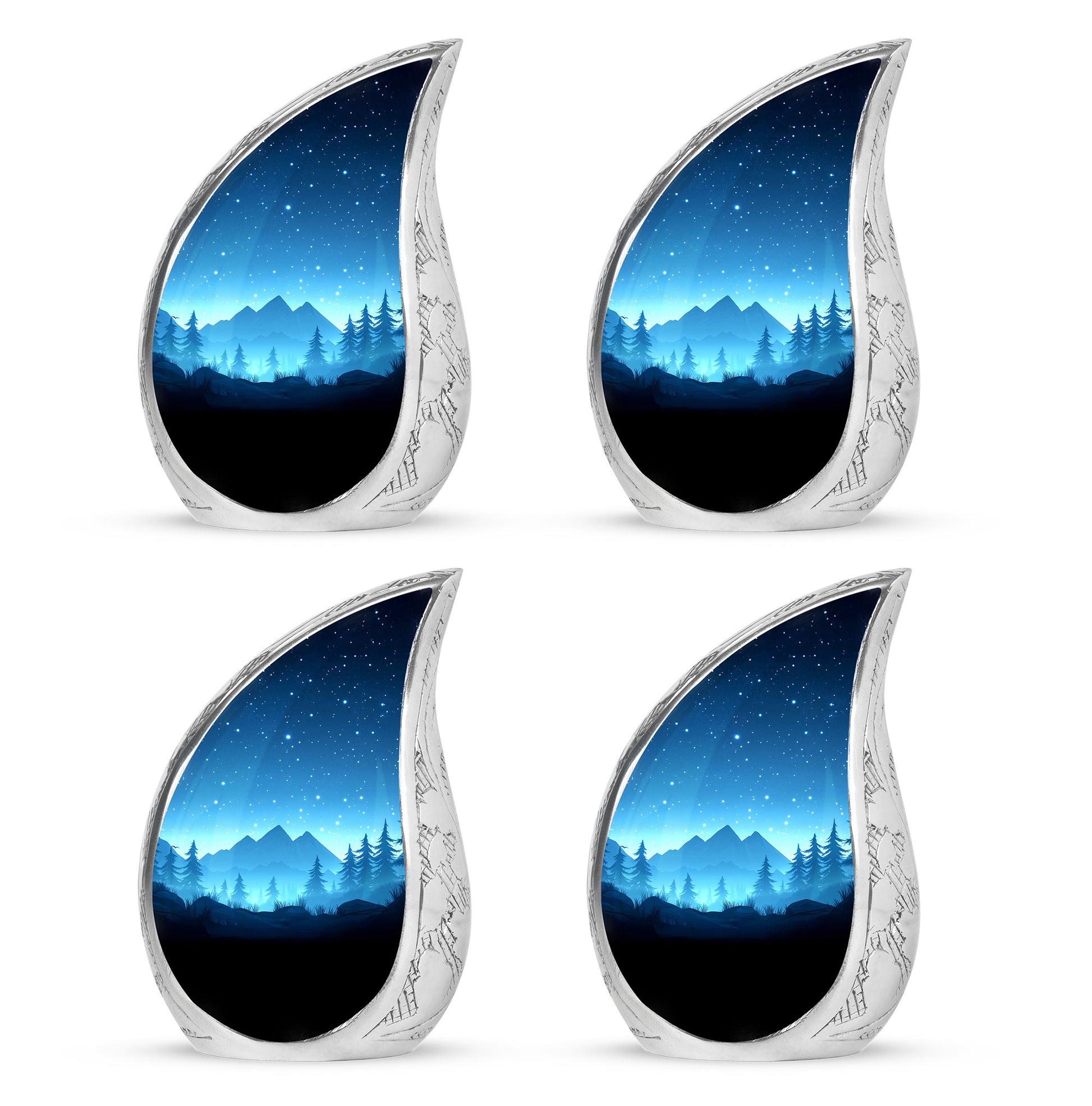 Calming Blue Blue Cremation Urn close-up of engraving and surface detail - graceful tear-shaped urn with blue motif - 10 inch aluminum urn for cremated remains