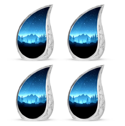 Calming Blue Blue Cremation Urn close-up of engraving and surface detail - graceful tear-shaped urn with blue motif - 10 inch aluminum urn for cremated remains