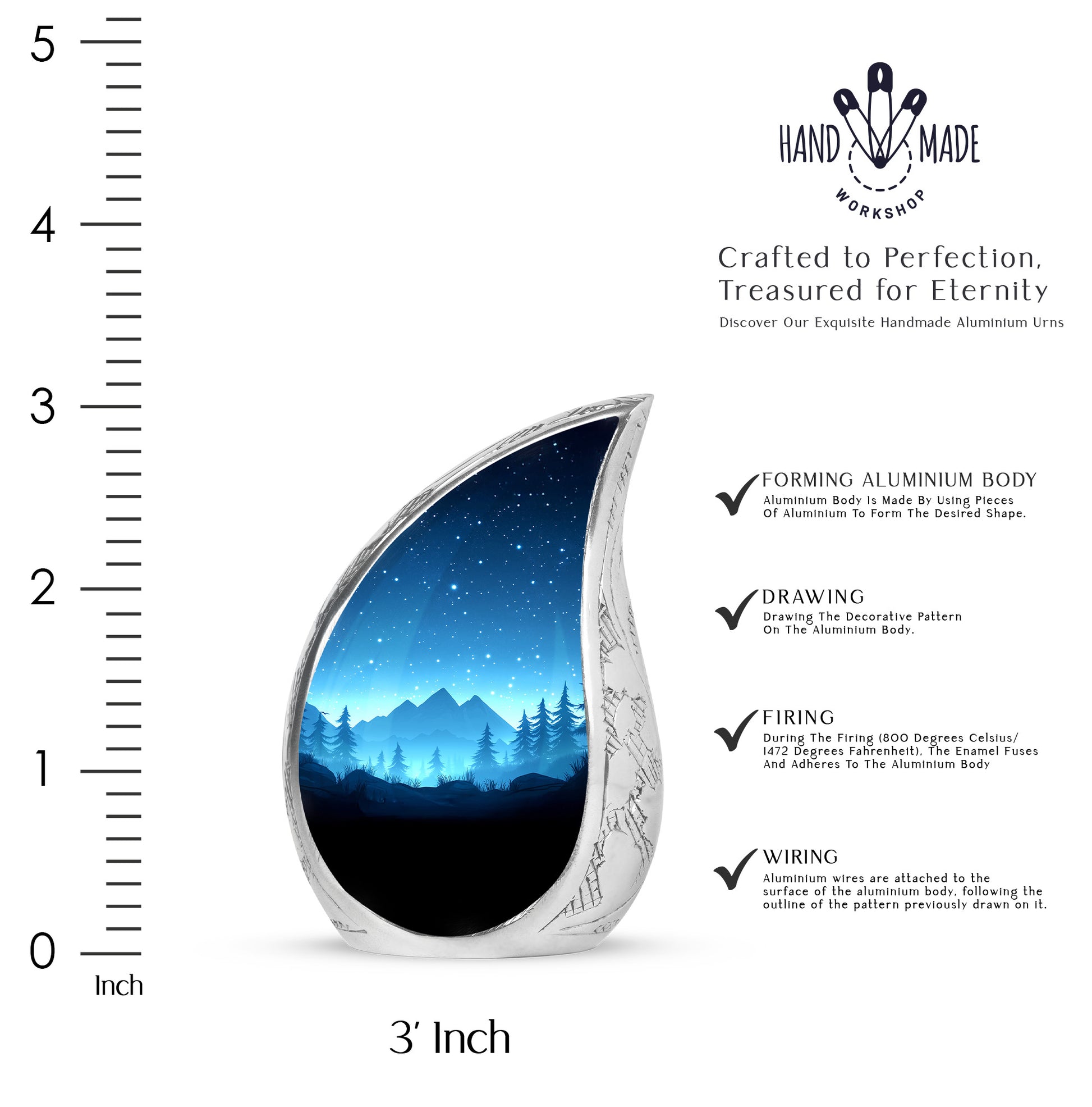 Icy Blue Blue Cremation Urn angled view of lid and engraved motif - rounded teardrop blue design with delicate detail - mini keepsake memorial for portion of cremation ashes