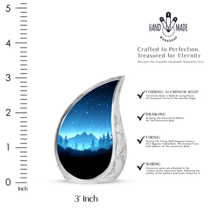 Icy Blue Blue Cremation Urn angled view of lid and engraved motif - rounded teardrop blue design with delicate detail - mini keepsake memorial for portion of cremation ashes