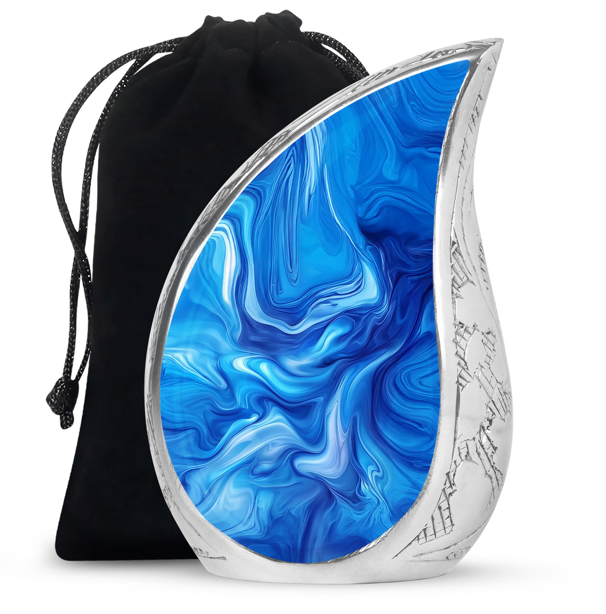 Twilight Blue Blue Cremation Urn front view showing detailed design - smooth teardrop contour featuring blue art - full-size 10 inch 200 cubic inch adult cremation urn