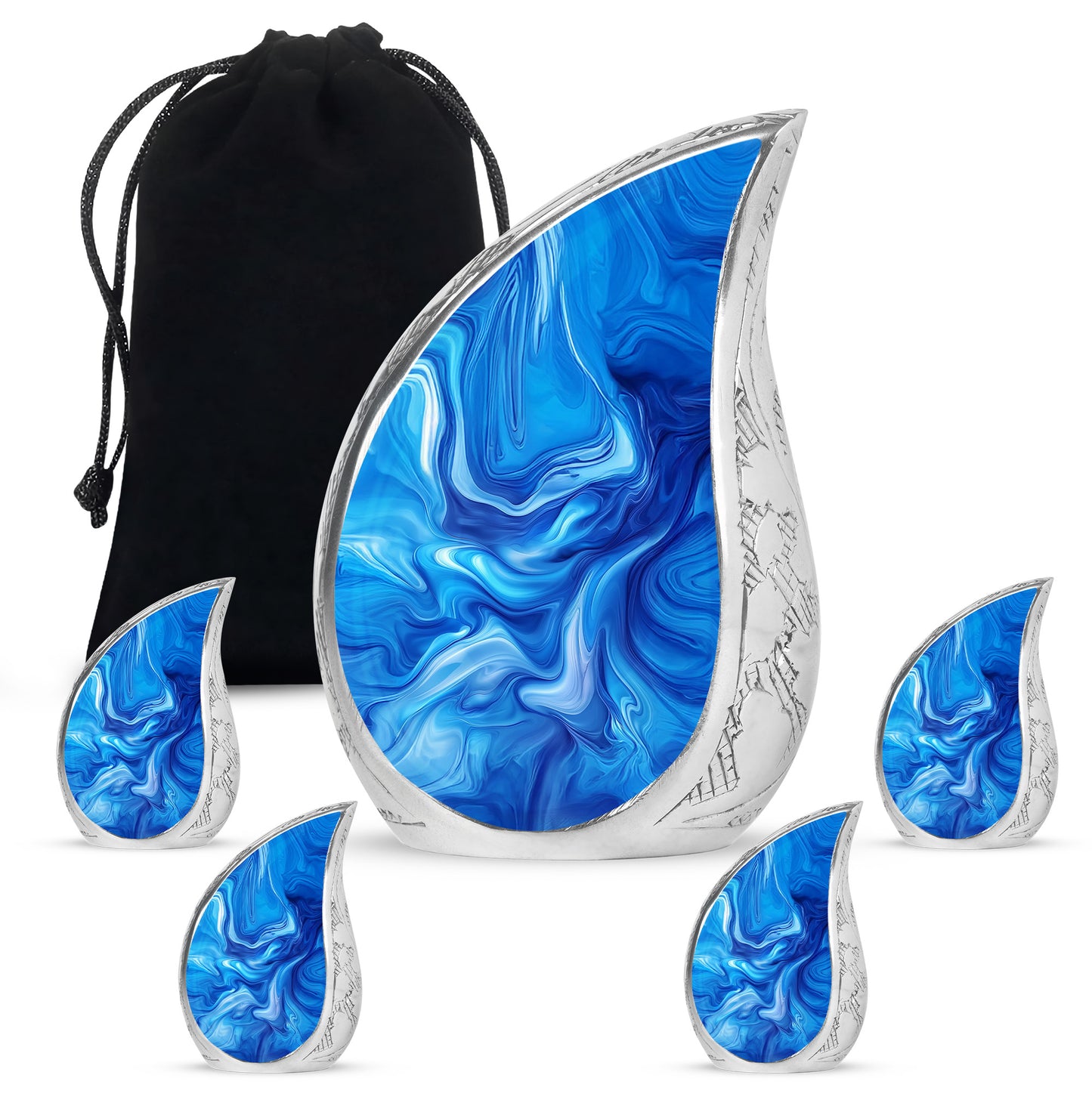 Powder Blue Blue Cremation Urn side profile showing urn shape - rounded teardrop blue design with delicate detail - memorial set with one large and four small urns