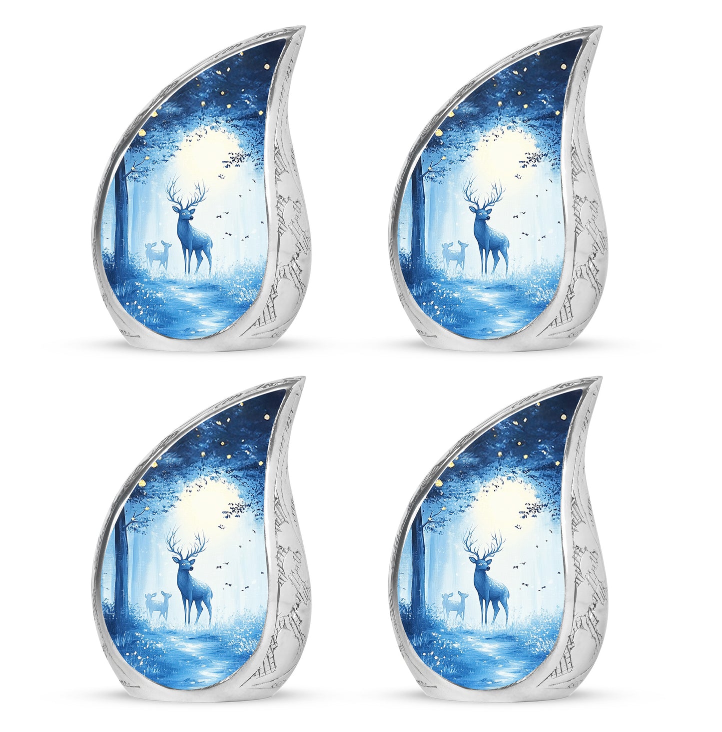 Cornflower Blue Blue Cremation Urn close-up of engraving and surface detail - graceful tear-shaped urn with blue motif - 10 inch aluminum urn for cremated remains