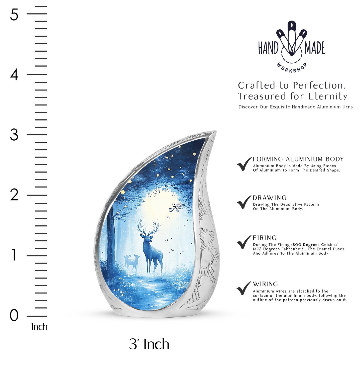 Dusty Blue Blue Cremation Urn angled view of lid and engraved motif - flowing teardrop blue silhouette on curved aluminum - mini keepsake memorial for portion of cremation ashes