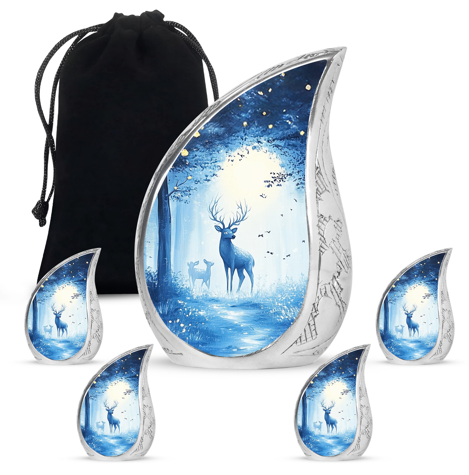 Celestial Blue Blue Cremation Urn side profile showing urn shape - flowing teardrop blue silhouette on curved aluminum - memorial set with one large and four small urns