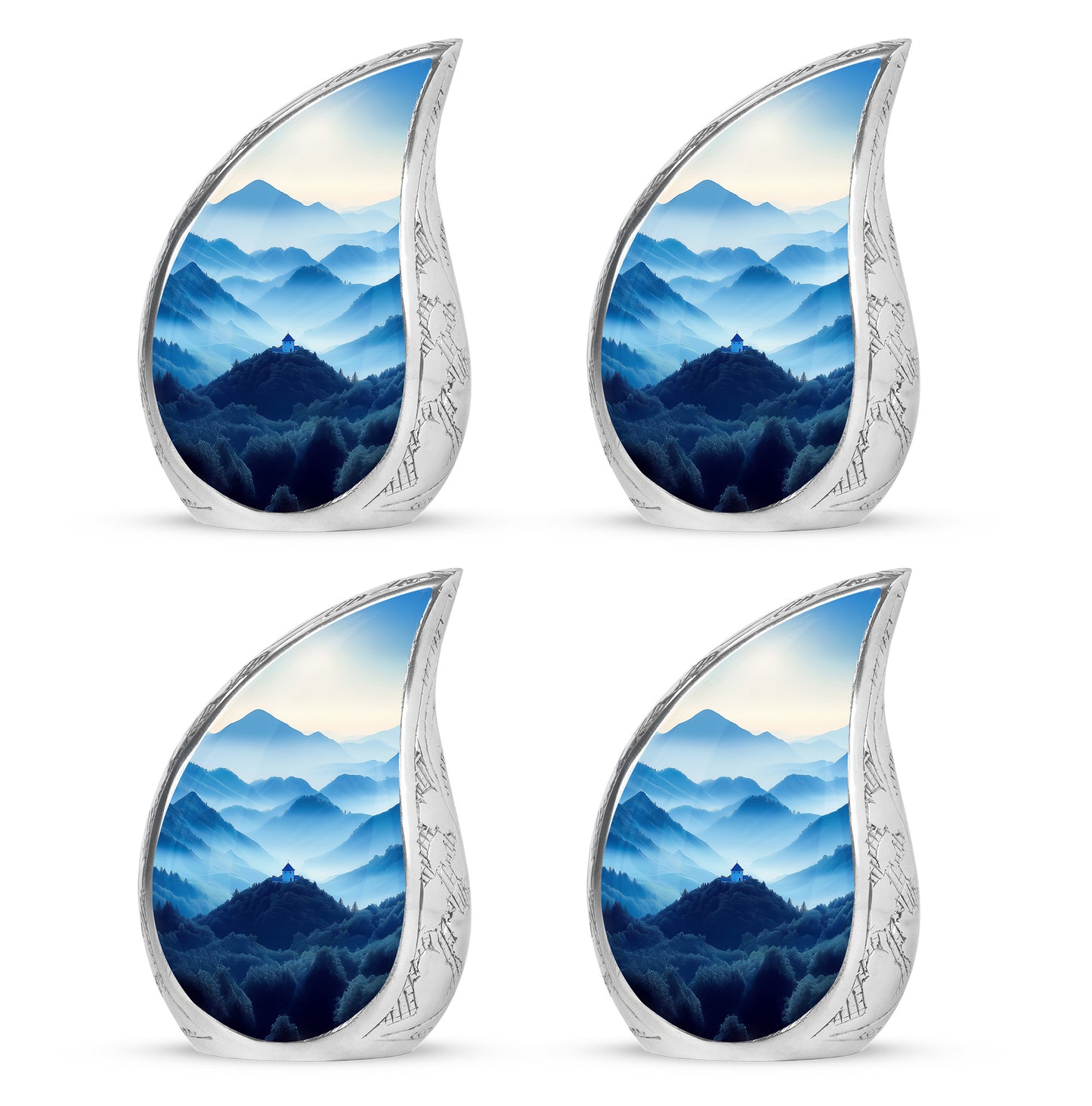 Sterling Silver Blue Cremation Urn close-up of engraving and surface detail - rounded teardrop blue design with delicate detail - 10 inch aluminum urn for cremated remains