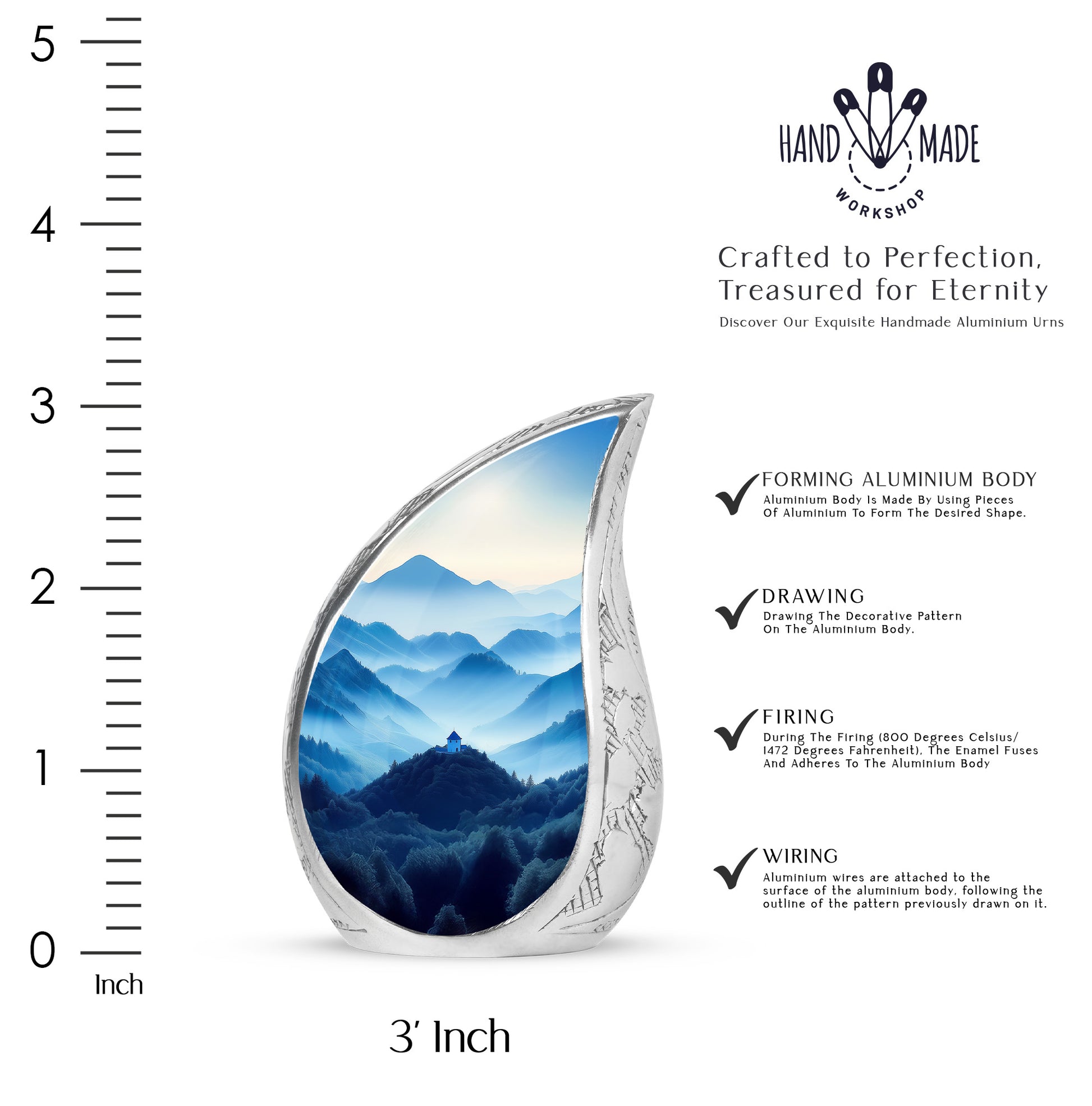 Satin Silver Blue Cremation Urn angled view of lid and engraved motif - flowing teardrop blue silhouette on curved aluminum - mini keepsake memorial for portion of cremation ashes