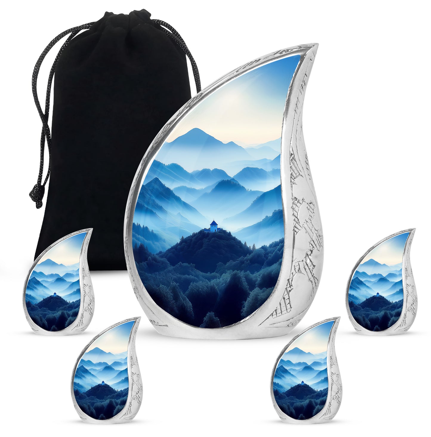 Moonlight Silver Blue Cremation Urn side profile showing urn shape - graceful tear-shaped urn with blue motif - memorial set with one large and four small urns