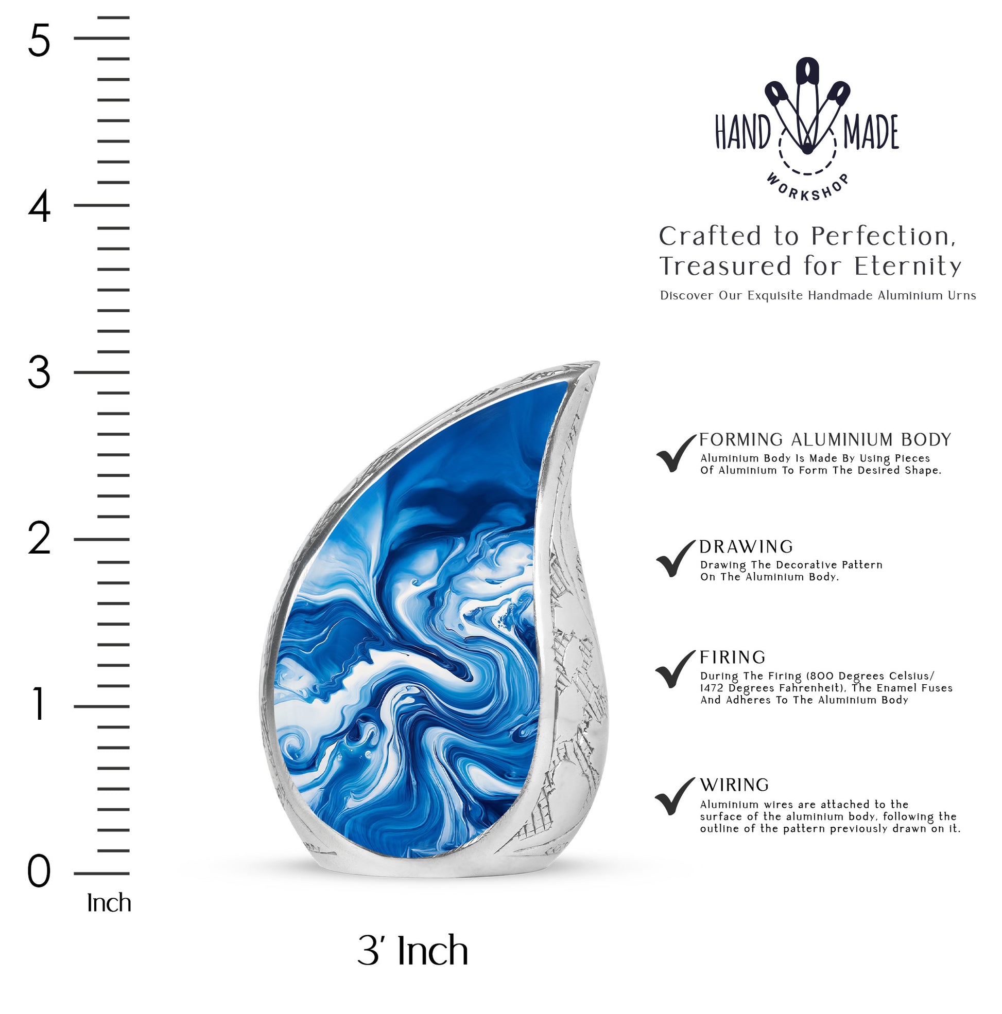 Cornflower Blue Blue Cremation Urn angled view of lid and engraved motif - graceful tear-shaped urn with blue motif - mini keepsake memorial for portion of cremation ashes