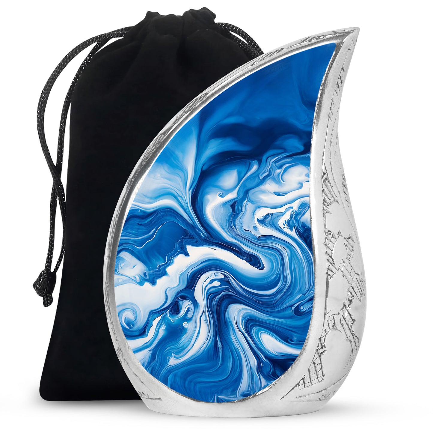 Celestial Blue Blue Cremation Urn front view showing detailed design - flowing teardrop blue silhouette on curved aluminum - full-size 10 inch 200 cubic inch adult cremation urn