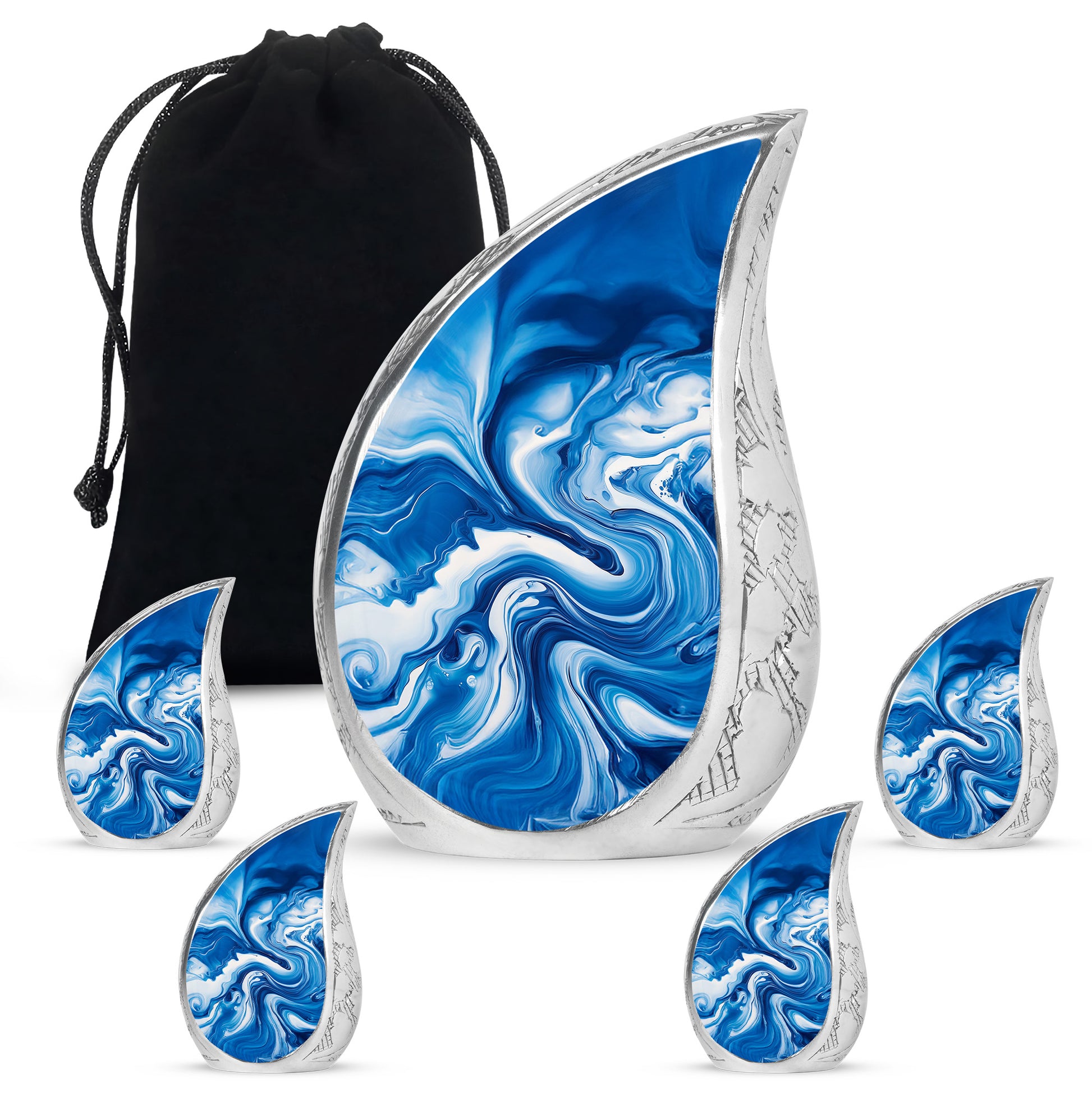 Powder Blue Blue Cremation Urn side profile showing urn shape - rounded teardrop blue design with delicate detail - memorial set with one large and four small urns