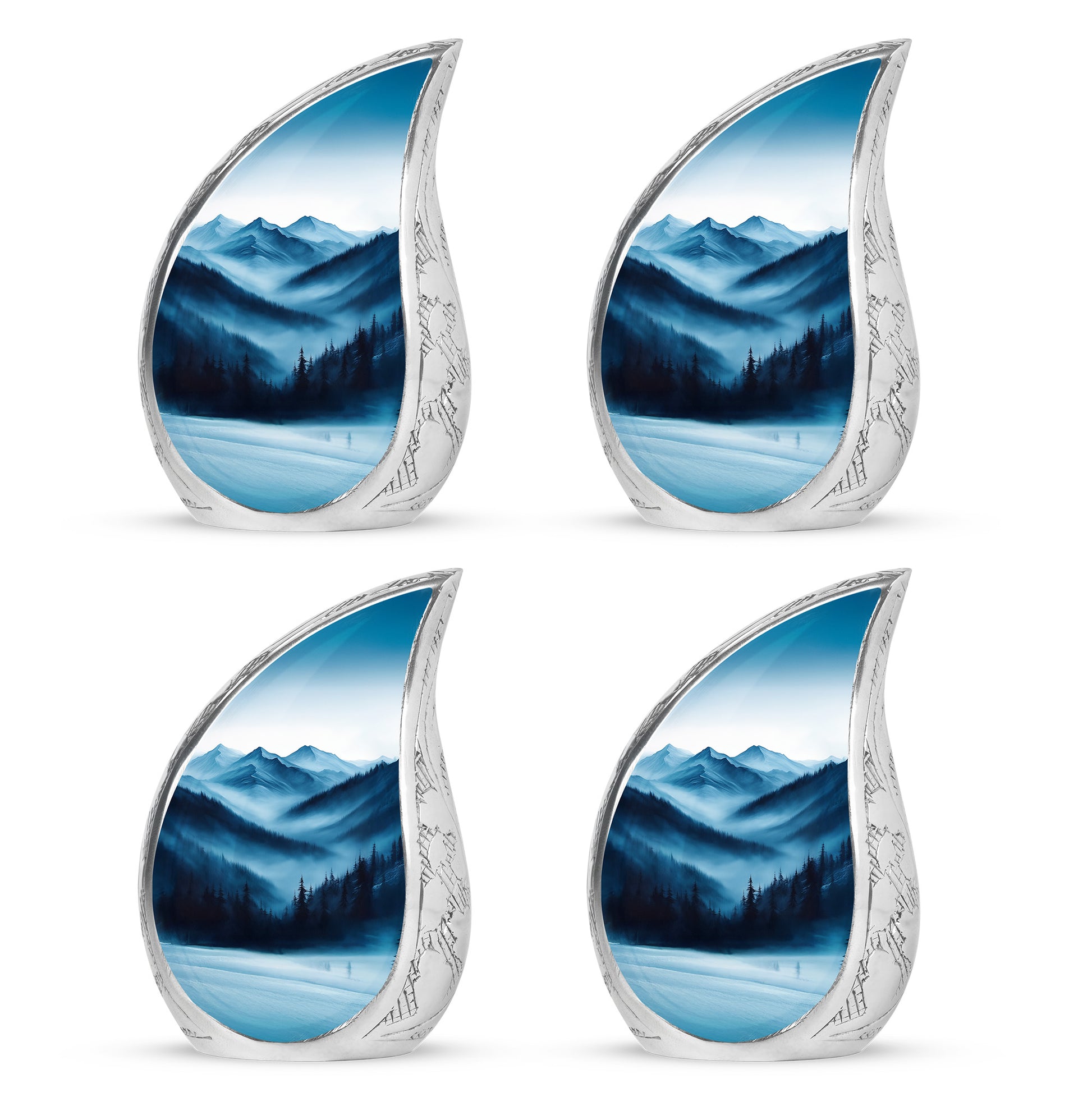 Polished Silver Blue Cremation Urn close-up of engraving and surface detail - smooth teardrop contour featuring blue art - 10 inch aluminum urn for cremated remains