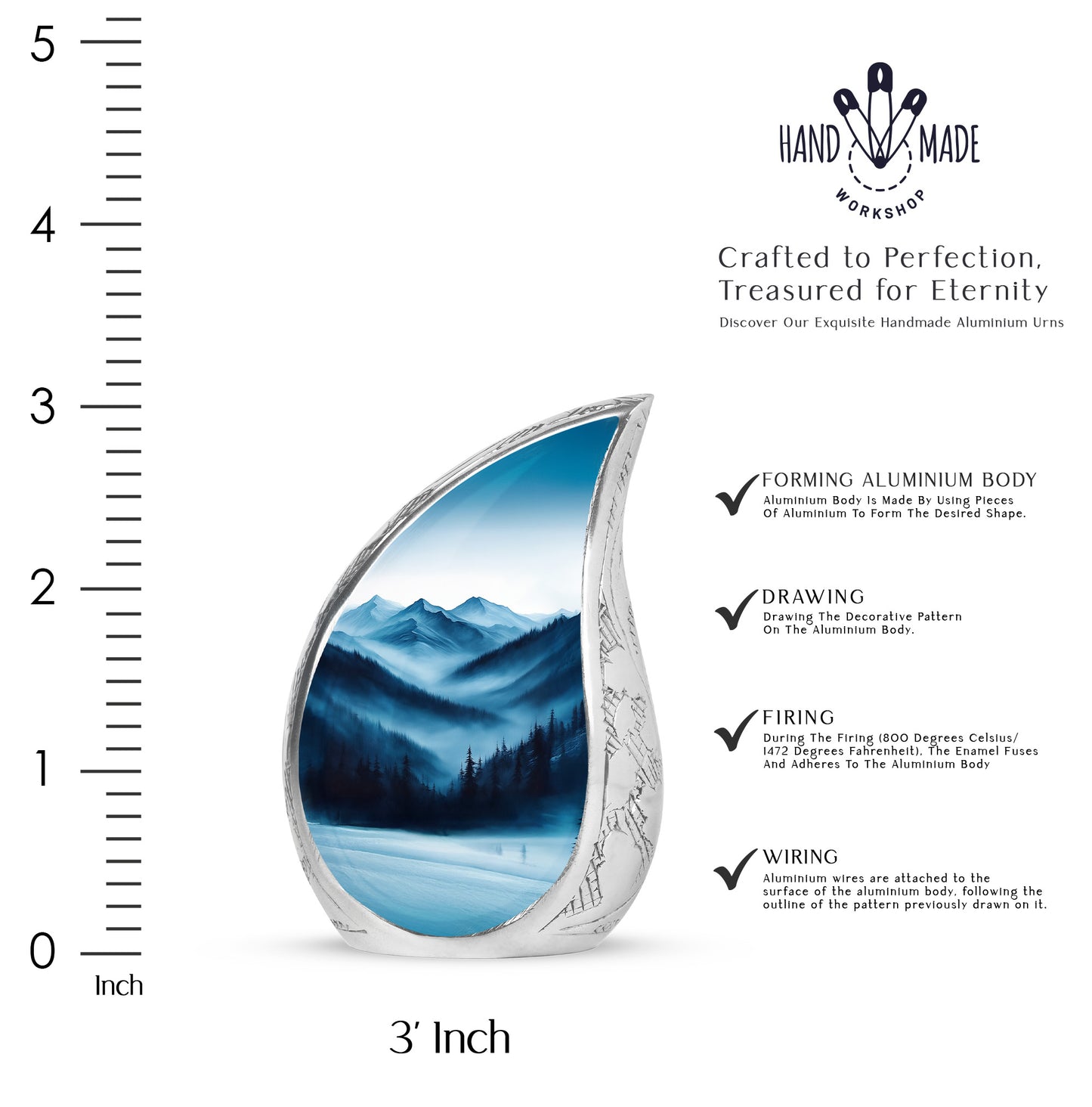 Frosted Silver Blue Cremation Urn angled view of lid and engraved motif - graceful tear-shaped urn with blue motif - mini keepsake memorial for portion of cremation ashes