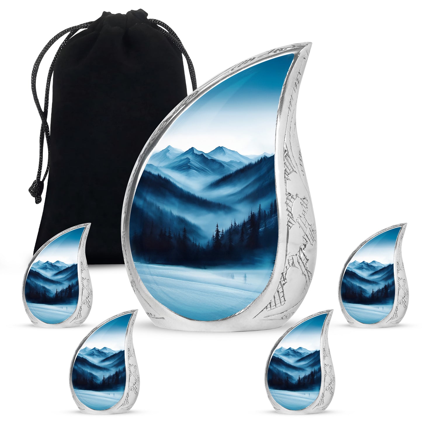 Moonlight Silver Blue Cremation Urn side profile showing urn shape - graceful tear-shaped urn with blue motif - memorial set with one large and four small urns
