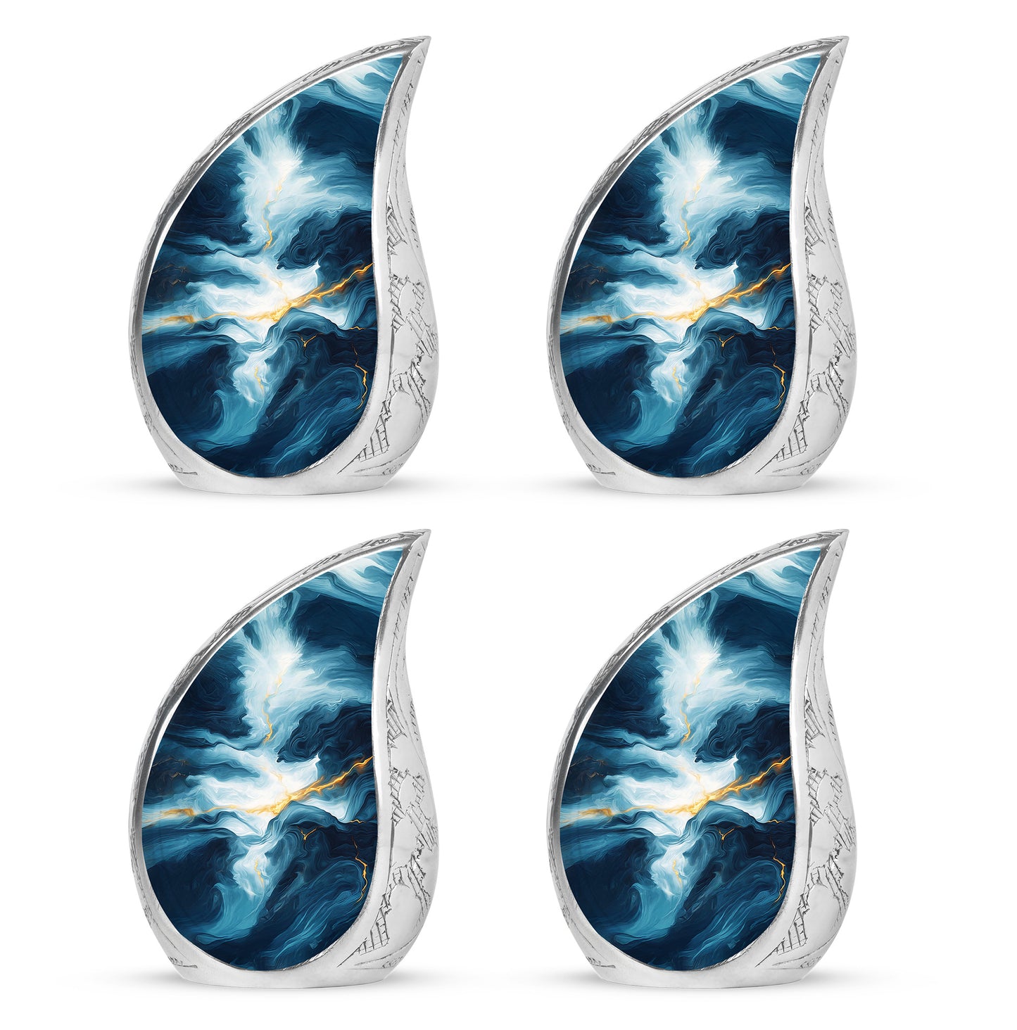 Cornflower Blue Blue Cremation Urn close-up of engraving and surface detail - smooth teardrop contour featuring blue art - 10 inch aluminum urn for cremated remains